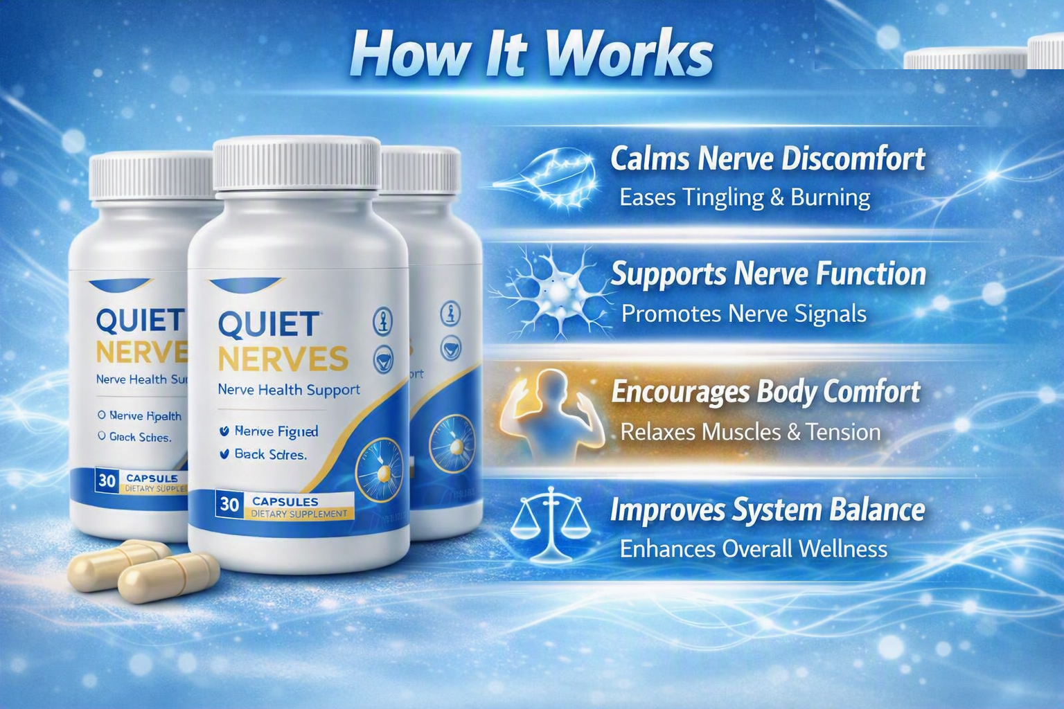 Quiet Nerves how it works diagram: nerve discomfort, nerve function, circulation, system balance